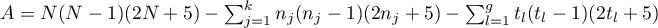 $A=N(N-1)(2N+5)-\sum_{j=1}^kn_j(n_j-1)(2n_j+5)-\sum_{l=1}^gt_l(t_l-1)(2t_l+5)$