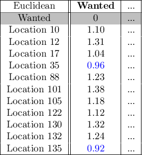 \begin{tabular}{|c||c|c|}
\hline
Euclidean&\textbf{Wanted}&...\\\hline
\rowcolor[rgb]{0.75,0.75,0.75}Wanted&0&...\\
Location 10&1.10&...\\
Location 12&1.31&...\\
Location 17&1.04&...\\
Location 35&\textcolor[rgb]{0,0,1}{0.96}&...\\
Location 88&1.23&...\\
Location 101&1.38&...\\
Location 105&1.18&...\\
Location 122&1.12&...\\
Location 130&1.32&...\\
Location 132&1.24&...\\
Location 135&\textcolor[rgb]{0,0,1}{0.92}&...\\
\hline
\end{tabular}