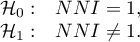 \begin{array}{cl}
\mathcal{H}_0: & NNI = 1, \\
\mathcal{H}_1: & NNI \ne 1.
\end{array}