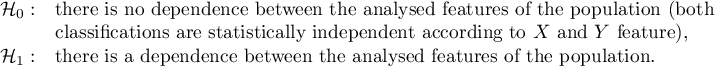 $\begin{array}{cl}
\mathcal{H}_0: & $there is no dependence between the analysed features of the population (both$\\
& $classifications are statistically independent according to $X$ and $Y$ feature),$\\
\mathcal{H}_1: & $there is a dependence between the analysed features of the population.$
\end{array}$