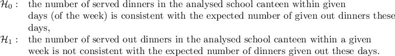 $\begin{array}{cl}
\mathcal{H}_0: & $the number of served dinners in the analysed school canteen within given$\\
& $days (of the week) is consistent with the expected number of given out dinners these$\\
& $days,$\\
\mathcal{H}_1: & $the number of served out dinners in the analysed school canteen within a given $\\
& $week is not consistent with the expected number of dinners given out these days.$
\end{array}$