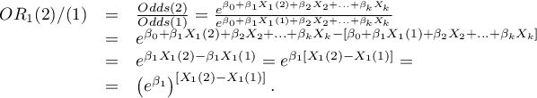 \begin{displaymath}
\begin{array}{lll}
OR_1(2)/(1) &=&\frac{Odds(2)}{Odds(1)}=\frac{e^{\beta_0+\beta_1X_1(2)+\beta_2X_2+...+\beta_kX_k}}{e^{\beta_0+\beta_1X_1(1)+\beta_2X_2+...+\beta_kX_k}}\\
&=& e^{\beta_0+\beta_1X_1(2)+\beta_2X_2+...+\beta_kX_k-[\beta_0+\beta_1X_1(1)+\beta_2X_2+...+\beta_kX_k]}\\
&=& e^{\beta_1X_1(2)-\beta_1X_1(1)}=e^{\beta_1[X_1(2)-X_1(1)]}=\\
&=& \left(e^{\beta_1}\right)^{[X_1(2)-X_1(1)]}.
\end{array}
\end{displaymath}