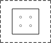 \begin{pspicture}(1,0)(12.5,3)
\psline[linestyle=dashed](5,0)(5,2.5)
\psline[linestyle=dashed](5,0)(8,0)
\psline[linestyle=dashed](5,2.5)(8,2.5)
\psline[linestyle=dashed](8,0)(8,2.5)
\psline{-}(5.7,0.5)(5.7,2)
\psline{-}(5.7,0.5)(7.3,0.5)
\psline{-}(5.7,2)(7.3,2)
\psline{-}(7.3,0.5)(7.3,2)
\rput(6.2,1){$\circ$}
\rput(6.8,1.5){$\circ$}
\rput(6.2,1.5){$\circ$}
\rput(6.8,1){$\circ$}
\end{pspicture}