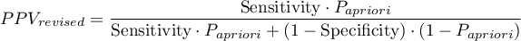 \begin{displaymath}
PPV_{revised}=\frac{\textrm{Sensitivity}\cdot P_{a priori}}{\textrm{Sensitivity}\cdot P_{a priori} + (1-\textrm{Specificity})\cdot (1-P_{a priori})}
\end{displaymath}