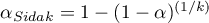 $\alpha_{Sidak}=1-(1-\alpha)^{(1/k)}$