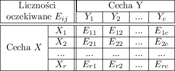 \begin{tabular}{|c|c||c|c|c|c|}
\hline
\multicolumn{2}{|c||}{Liczności }& \multicolumn{4}{|c|}{Cecha Y}\\\cline{3-6}
\multicolumn{2}{|c||}{oczekiwane $E_{ij}$} & $Y_1$ & $Y_2$ & ... & $Y_c$ \\\hline \hline
\multirow{4}{*}{Cecha $X$}& $X_1$ & $E_{11}$ & $E_{12}$ & ... & $E_{1c}$\\\cline{2-6}
& $X_2$ & $E_{21}$ & $E_{22}$  & ... & $E_{2c}$ \\\cline{2-6}
& ...& ... & ... & ... & ... \\\cline{2-6}
& $X_r$ & $E_{r1}$ & $E_{r2}$ & ... & $E_{rc}$\\\hline
\end{tabular}