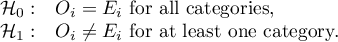 $\begin{array}{cl}
\mathcal{H}_0: & O_i=E_i $ for all categories,$\\
\mathcal{H}_1: & O_i \neq E_i $ for at least one category.$
\end{array}$