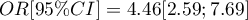 $OR[95\%CI]=4.46[2.59;7.69]$