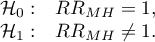 \begin{array}{cl}
\mathcal{H}_0: & RR_{MH} = 1, \\
\mathcal{H}_1: & RR_{MH} \ne 1.
\end{array}