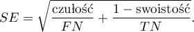 \begin{displaymath}
SE=\sqrt{\frac{\textrm{czułość}}{FN}+\frac{1-\textrm{swoistość}}{TN}}.
\end{displaymath}