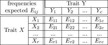 \begin{tabular}{|c|c||c|c|c|c|}
\hline
\multicolumn{2}{|c||}{frequencies }& \multicolumn{4}{|c|}{Trait Y}\\\cline{3-6}
\multicolumn{2}{|c||}{expected $E_{ij}$} & $Y_1$ & $Y_2$ & ... & $Y_c$ \\\hline \hline
\multirow{4}{*}{Trait $X$}& $X_1$ & $E_{11}$ & $E_{12}$ & ... & $E_{1c}$\\\cline{2-6}
& $X_2$ & $E_{21}$ & $E_{22}$  & ... & $E_{2c}$ \\\cline{2-6}
& ...& ... & ... & ... & ... \\\cline{2-6}
& $X_r$ & $E_{r1}$ & $E_{r2}$ & ... & $E_{rc}$\\\hline
\end{tabular}